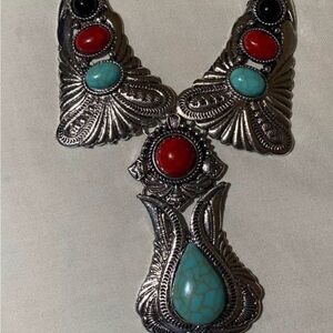 Vintage Silver Necklace with Turquoise and Coral